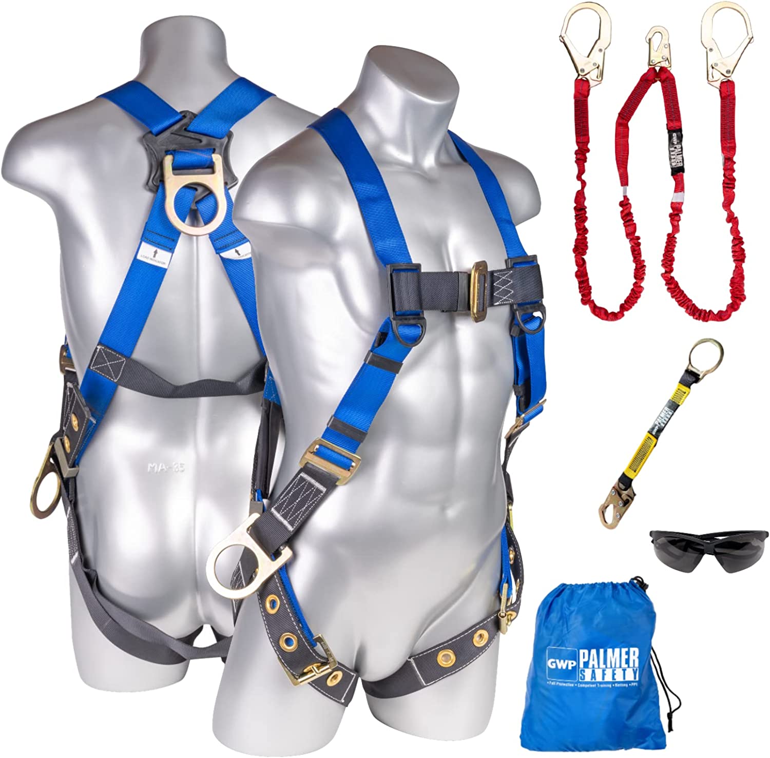 Palmer Safety Safety Harness Kit I 5pt Body Harness, 6' Double Lanyard, 18"  D-Ring Extender I 3D-ring I Fall Protection OSHA ANSI Kit Plank Supply