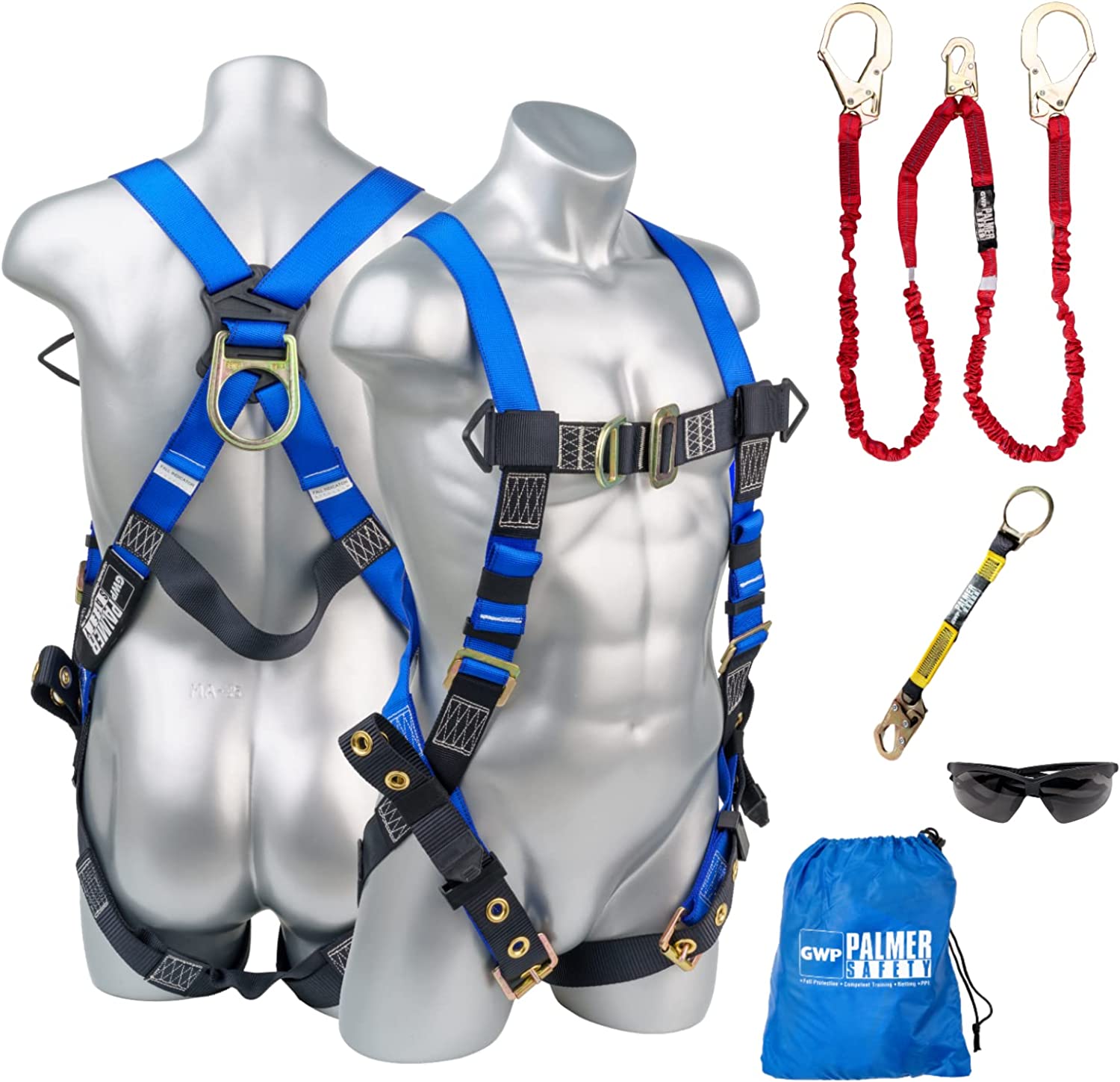 Palmer Safety Safety Harness Kit I 5pt Body Harness, 6′ Double Lanyard, 18″  D-Ring Extender I 2D-ring I Fall Protection OSHA ANSI Kit – Plank Supply